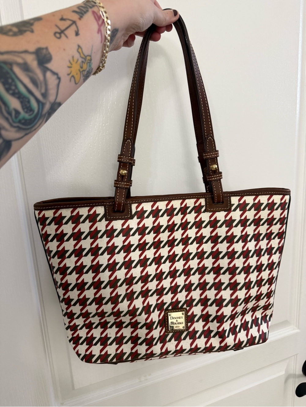 Dooney & Bourke Houndstooth Career Tote Bag- Red/Black/White - Leather Trim